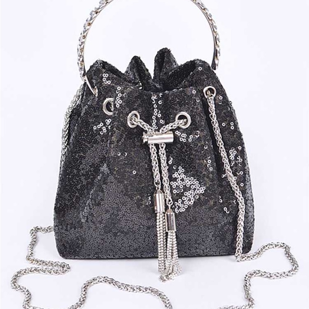 Black Rhinestone Mini Bling Studded Bucket Bag